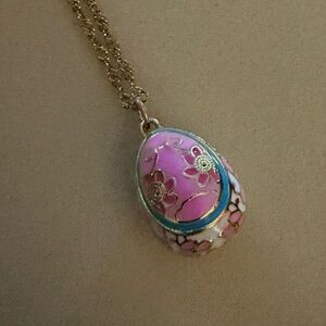 New Beautiful White, Pink & Blue Cloisonné Egg Pendant On 14 K Gold Plated Chain